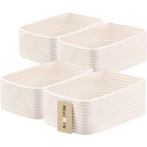 MiniArk Small Storage Baskets for Organizing | Closet Organizer Bins | Shelf Toy Basket | Woven Rope Baskets | Cube Decorative Box | Shallow Basket | 11.5x7.5x4.7 | 4 Packs Off White