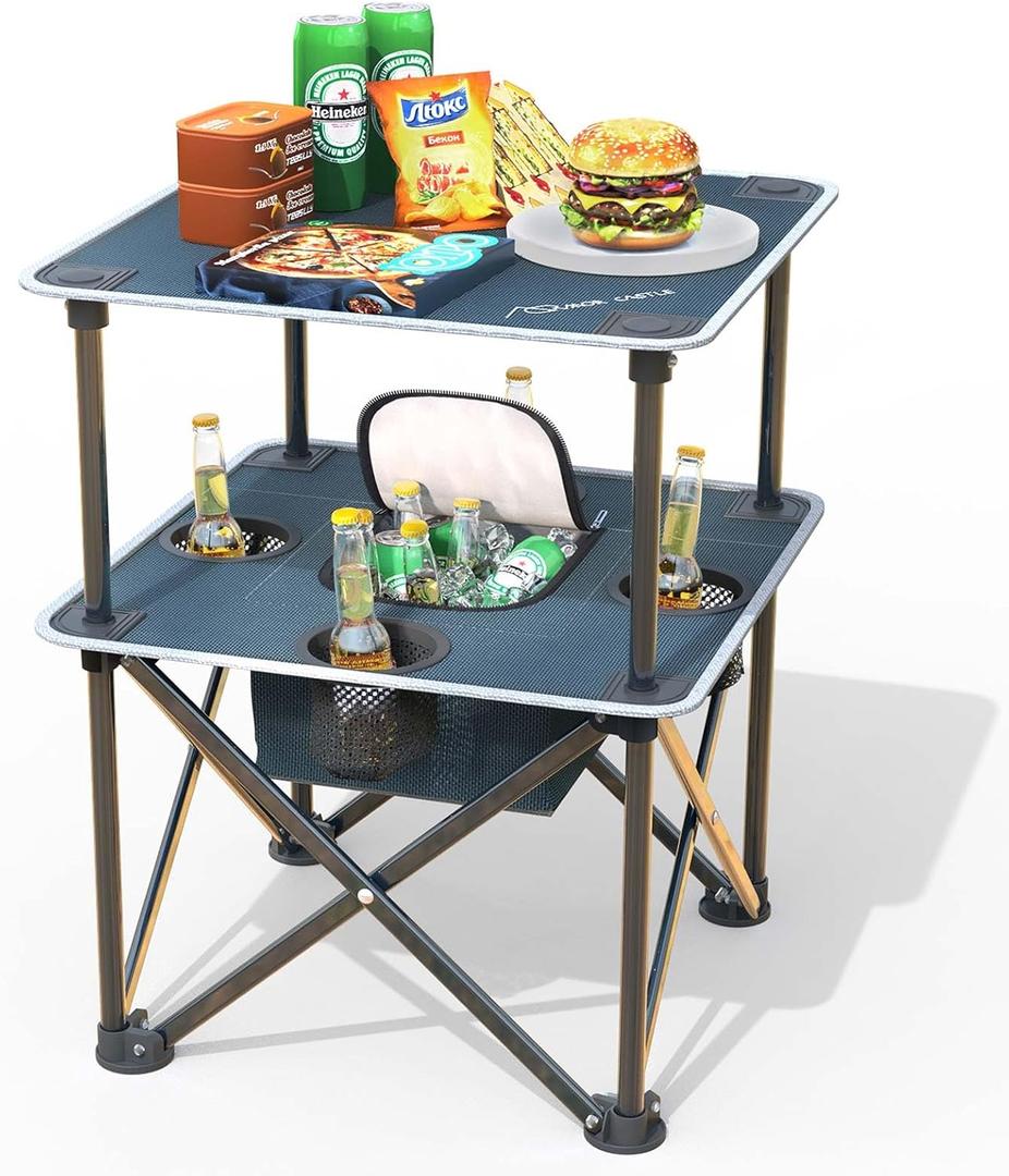 Folding Beach Table, Camping Table for Sand with Insulated Cooler Storage & 4 Cup Holders, Portable Pop Up Picnic Table, Lightweight Side Table for Outdoor, 19x19x24 inches