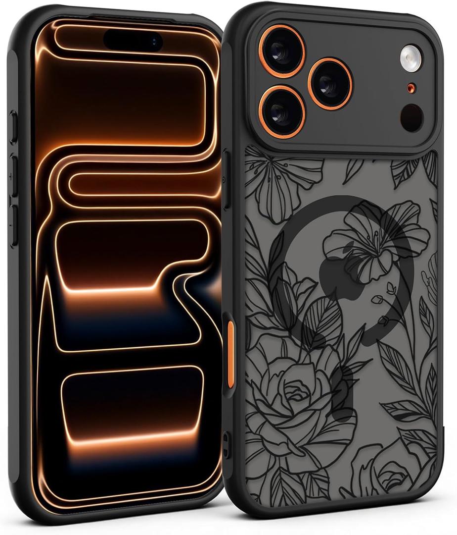 for iPhone 17 Pro Max Case, Black Floral Flower Pattern Print Magnetic Case [Compatible with MagSafe] [Translucent Matte] Slim Shockproof Protective Women Girls Phone Case, Floral Flower