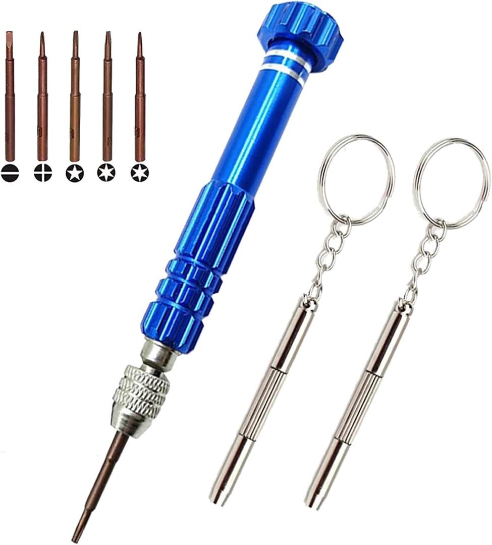 Eyeglass Repair Kit, 5-in-1 Multifunctional Precision Screwdriver Set (torxT5~T6,+1.5,-1.5,star0.8) with Mini Keychain Screwdriver for Glasses, Cellphone, Electronics, Watch, Laptop, Jewelry (Blue)