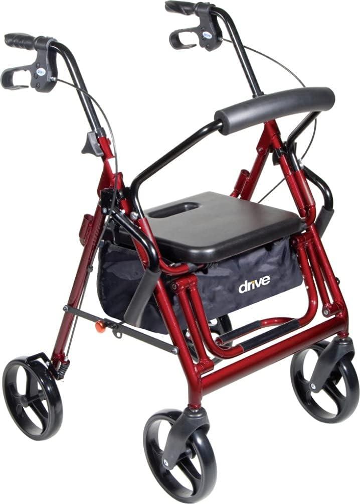Drive Medical 795BU Duet Dual Function Transport Wheelchair Rollator Rolling Walker, Burgundy, Comfortable Padded Seat, Carry Pouch for Added Privacy and Security of Personal Items