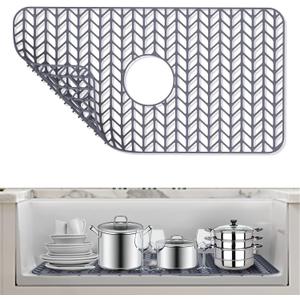AWOKE Sink Protectors for Kitchen Sink - 26"x 14" Sink Mat - Heat-resistant Easy-clean Silicone Sink Mat - for Protection of Stainless Steel Sink - with Center Drain (Grey),Kitchen Sink Accessories