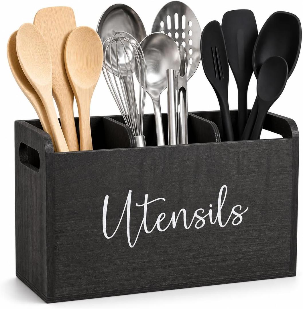 Black Kitchen Utensil Holder for Countertop Large 3-Compartment Cooking Utensil Organizer & Caddy with Drain Holes, Modern Wood Utensil Holder for Kitchen Counter, Spatula & Spoon Storage