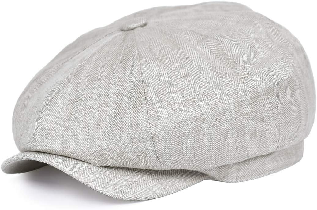 BOTVELA Men's Linen Newsboy Cap Herringbone Breathable Summer Hat (7 3/4-7 7/8, Herringbone Light Grey)