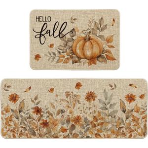 Artoid Mode Pumpkin Sunflowers Hello Fall Kitchen Mats Set of 2, Autumn Home Decor Low-Profile Kitchen Rugs for Floor - 24x35 and 24x59 Inch (Beige)