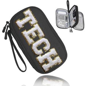 COSHAYSOO Small TECH Pouch Electronics Organizer Travel Bag Personalized Valentines Traveling Gifts for Women, Charging Cords Phone Charger USB Cable Management Airplane Cruise Essentials Black