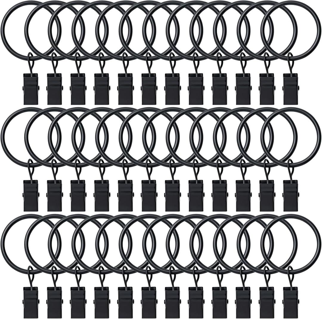BOOMIBOO 36 Pack Curtain Rings with Clips, Drapery Clips with Rings, Hangers Drapes Rings, Drapery Rings 1.26 inch, Fits up to 1 inch Diameter Curtain Rod, for Hanging Drapes Bows Hat and So On (Black)