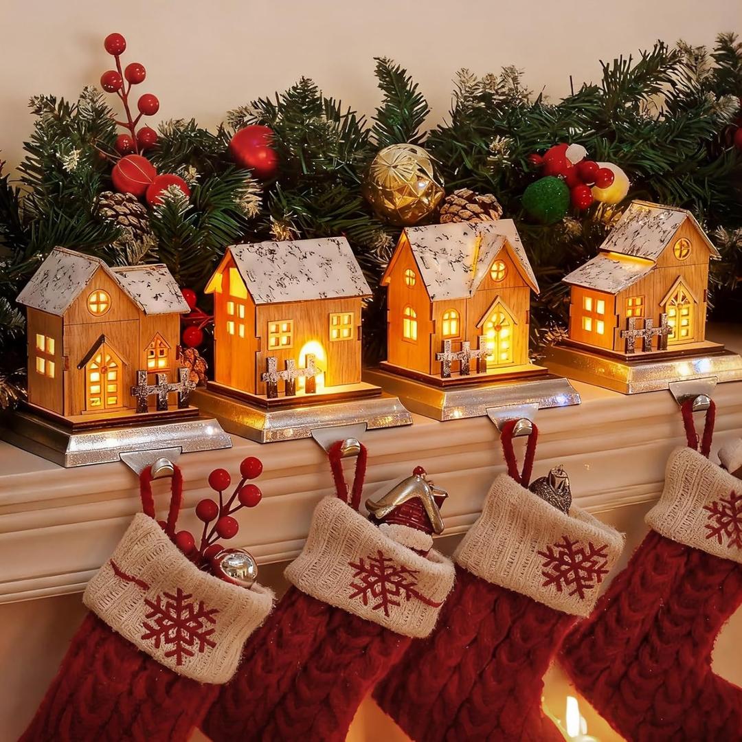 4 Pack Christmas Stocking Holders for Mantle, Wood Room Hangers With Lights, House Xmas Hanging Hooks for Fireplace Tables, Weighted Hook Christmas Decorations