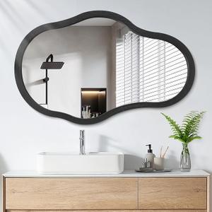 Asymmetrical Mirror for Wall Decor Large Modern Wooden Framed Wall Mirror Unique Wave Wall Mounted Vanity Artistic Irregular Mirrors Decorative for Living Room Bedroom Bathroom Entryway Black 26"x18" (Black)
