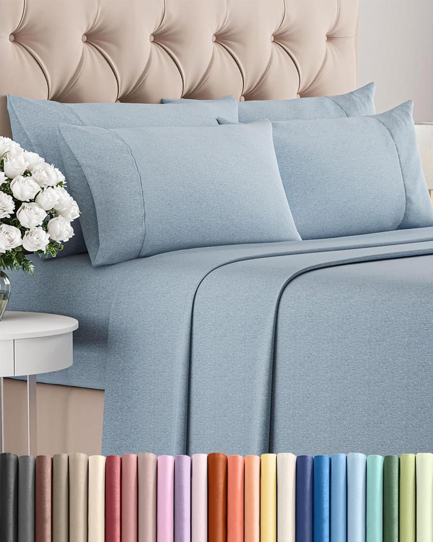 Queen 6 Piece Sheet Set - Comfy, Breathable & Cooling - Soft Hotel Luxury Bedding for Women, Men, Kids, Teens and Children - 1 Flat & 1 Fitted Sheet & 4 Pillowcases with Deep Pockets - Heathered Blue