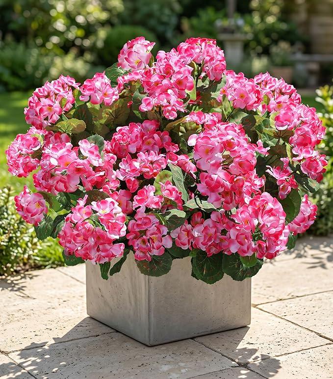 Artificial Geranium Fake Flowers for Outdoors Decoration, 6 Bundles Silk Geraniums Pink Flower UV Resistant Look Real Faux Plants for Front Door Garden Porch Planter Patio Balcony Yard Indoor Home