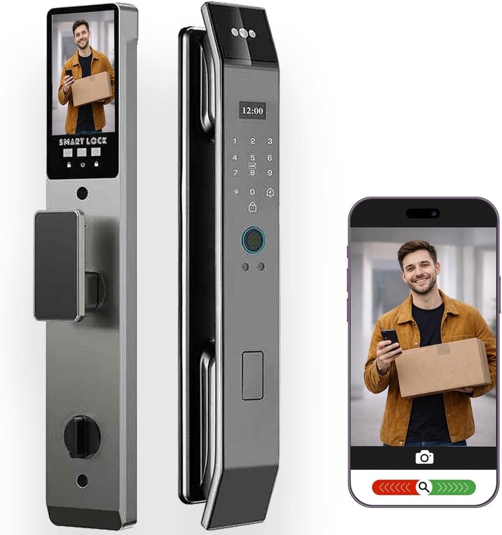 3D Face Recognition Smart Door Lock with Video Intercom, Tuya App Remote Access, Biometric Fingerprint & Palm Print Unlock, Heavy Duty Aluminum Mortise Lock for Home & Office, Gray
