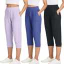 Real Essentials 3 Pack: Women's Ribbed Capri Jogger Lounge Sweatpants with Pockets Yoga Workout (S)