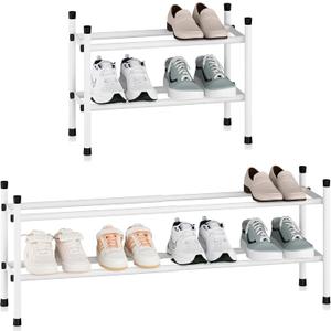 STORAGE MANIAC Expandable Shoe Rack, Stackable Small Shoe Rack, Metal Adjustable Shoes Organizer for Closet, Entryway, Hallway, Garage, Front Door, Shoes Shelves, White 2 Tier