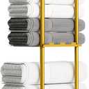 Towel Racks for Bathroom, 3 Tier Metal Towel Holder, with Shelf & 6 Hooks, 29 inch Wall Mounted Towel Storage, 6 Large Bath Towels Capacity, Small Bathroom Towel Rack for Rolled Towels, Gold