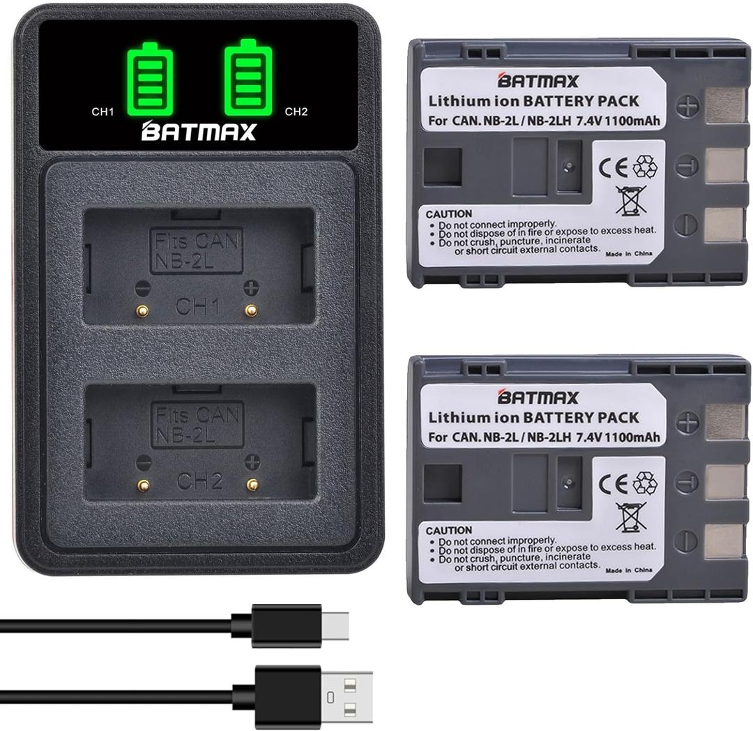 Batmax 2Pcs NB-2L NB-2LH Battery + Dual USB LED Charger for Canon PowerShot G7 G9 S80 S70 S60 S50 S45 S40 S30, Canon DC410 DC420 EOS 350D 400D Digital Rebel XT XTi, VIXIA HF R10