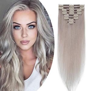 Benehair Clip-in Hair Extensions - Real Human Hair, Double Weft, 8pcs, 10inch Remy, Soft Silky Straight, Highlighted Grey