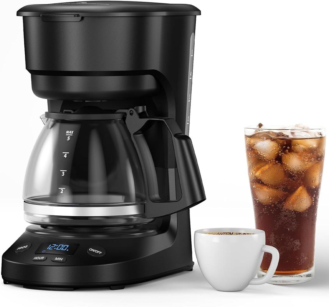 Electactic Compact 5-Cup Programmable Drip Coffee Maker the essential coffee machine with Digital Clock, 24-hour Timer, Auto Shut-Off, and a Removable Filter Basket for Home & Office.