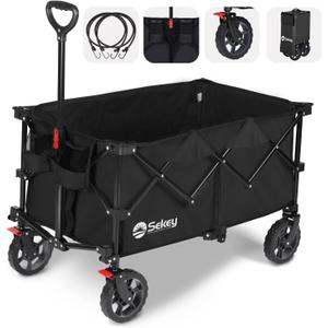 Sekey 220L Collapsible Foldable Wagon with 330lbs Weight Capacity, Heavy Duty Folding Wagon Cart with Big All-Terrain Wheels & Drink Holders (Black)