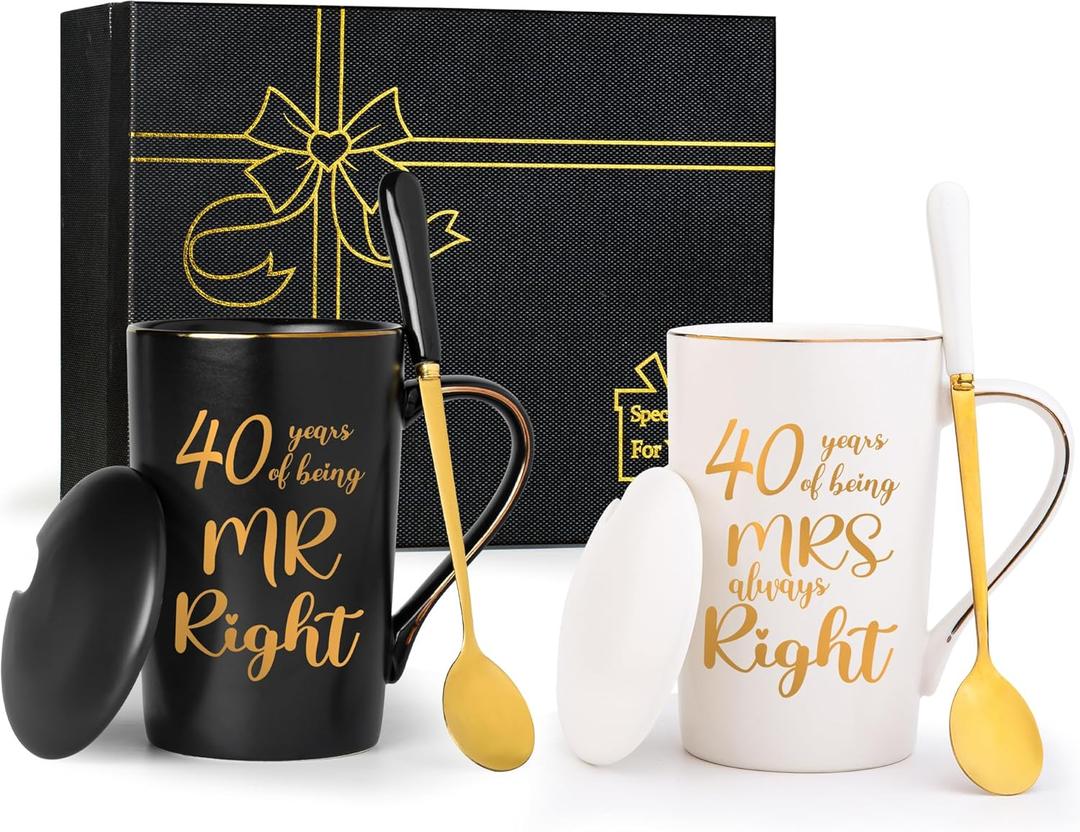 40th Wedding Gifts, 40th Anniversary Engagement Gift Ideas, 40 Years of Being Mr & Mrs Always Right Mug Set, Wedding Gifts Ideas for Couple Parents, 14 Oz with Lids and Gift Box