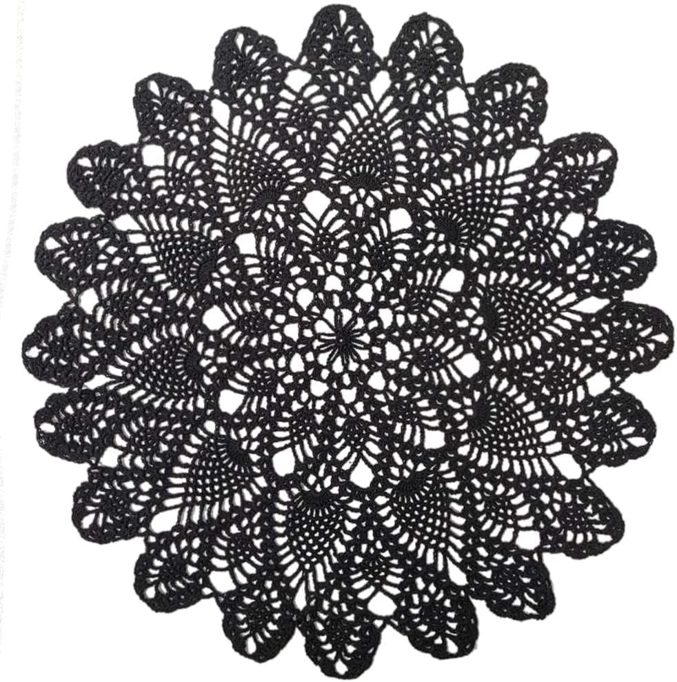 Phantomon 20 Inch Lace Doilies Table Placemats Handmade Crochet Cloth Round Coasters Knitted Doilies for Tables Sofa Cover, 100% Cotton (Black)