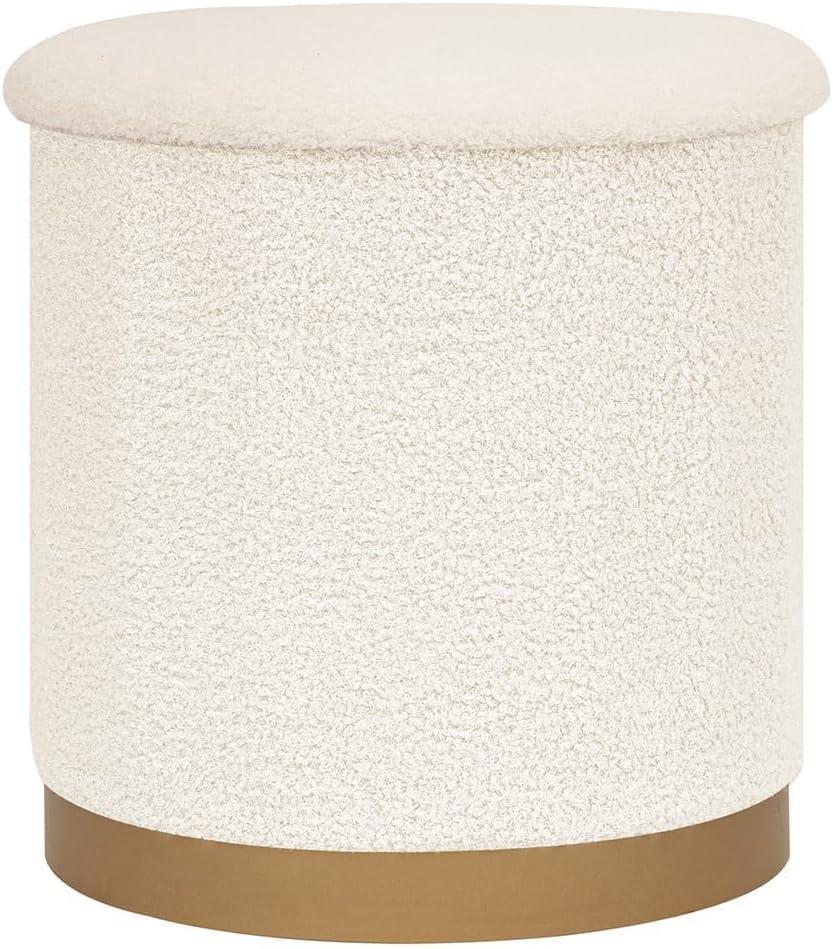 B FSOBEIIALEO Ottoman with Stroage, Round Boucle Storage Ottoman with Gold Plating Base,Foot Rest Stool for Dorm Room, Living Room White, 14.76"x14.76"x16.34"