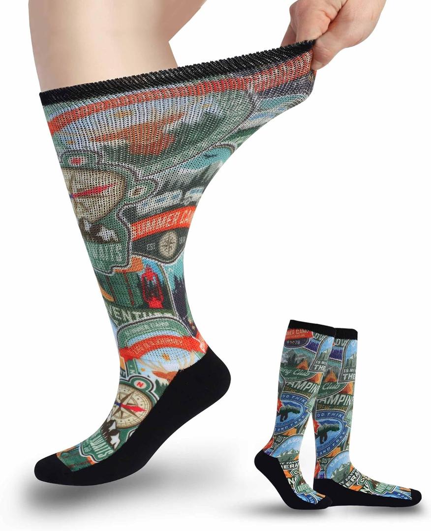 Diabetic Socks for Women & Men Extra Wide, Over The Calf Non Binding Lymphedema Neuropathy Swollen Feet for Women Men (J-adventure-1pair)