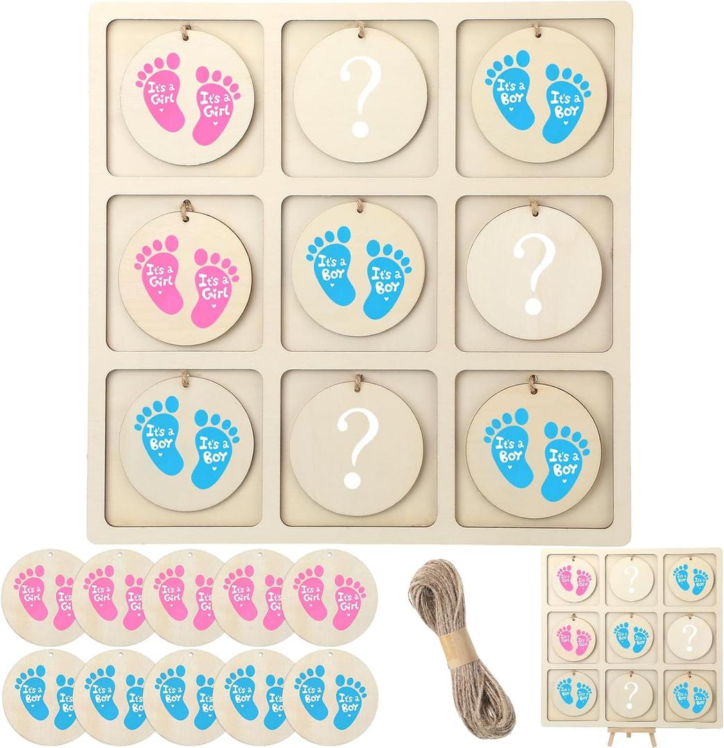 Geetery Gender Reveal Table Board Game Wooden Gender Reveal Board with 10 Game Chips 1 Twine and 1 Support Easel Funny Baby Shower Ideas for Boy or Girl Party Supplies Baby Table Decor (Footprint)