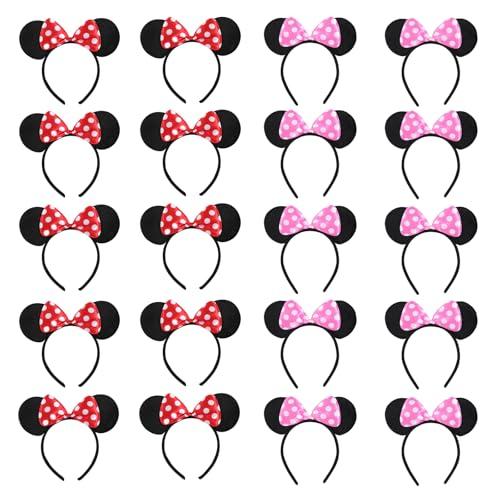 NEWTGAN 20 PCS Mouse Ears Headbands for Birthday Party Theme Park Costume Play Celebration for Boys and Girls (3color) (Pink and Red)