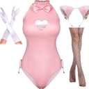 Yuriko Womens Bunny Costume Girl Suit Button Crotch Romper Onesie Bodysuit Cosplay Costume Furry Cat Ear Gloves Socks set(Pink XL)