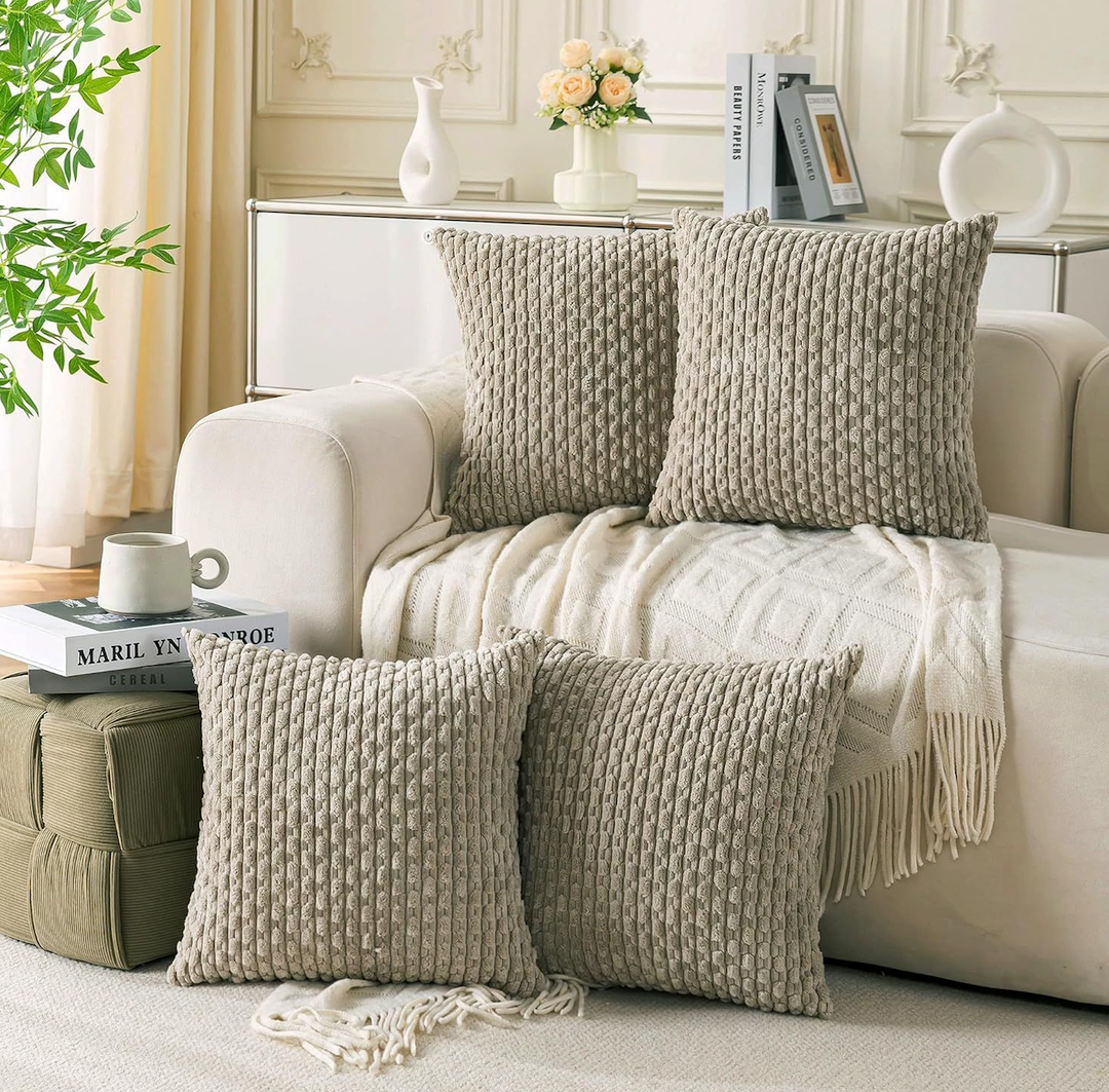 Set of 4 Taupe Decorative Throw Pillow Covers 20x20 Inch Corduroy Pillow Covers for Bed Couch Sofa Living Room Soft Square Cushion Cases