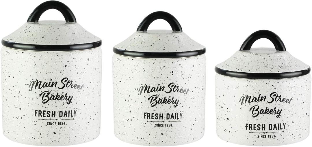 American Atelier Canister Set 3-Piece Glass Jars in Small, Medium, Large. Main St. Design w/ Airtight Lids for Cookies, Candy, Coffee, Flour, Sugar, Rice, Pasta, Cereal & More, 6x8"