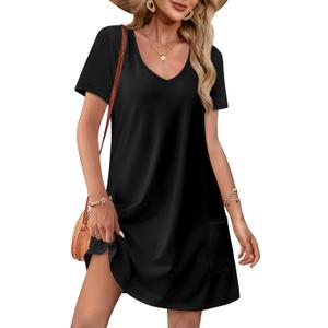 OFEEFAN Summer Dresses for Women 2025 Loose V Neck Short Sleeve Casual T Shirt Dress Sundresses Swimsuit Coverup with Pockets (Small)