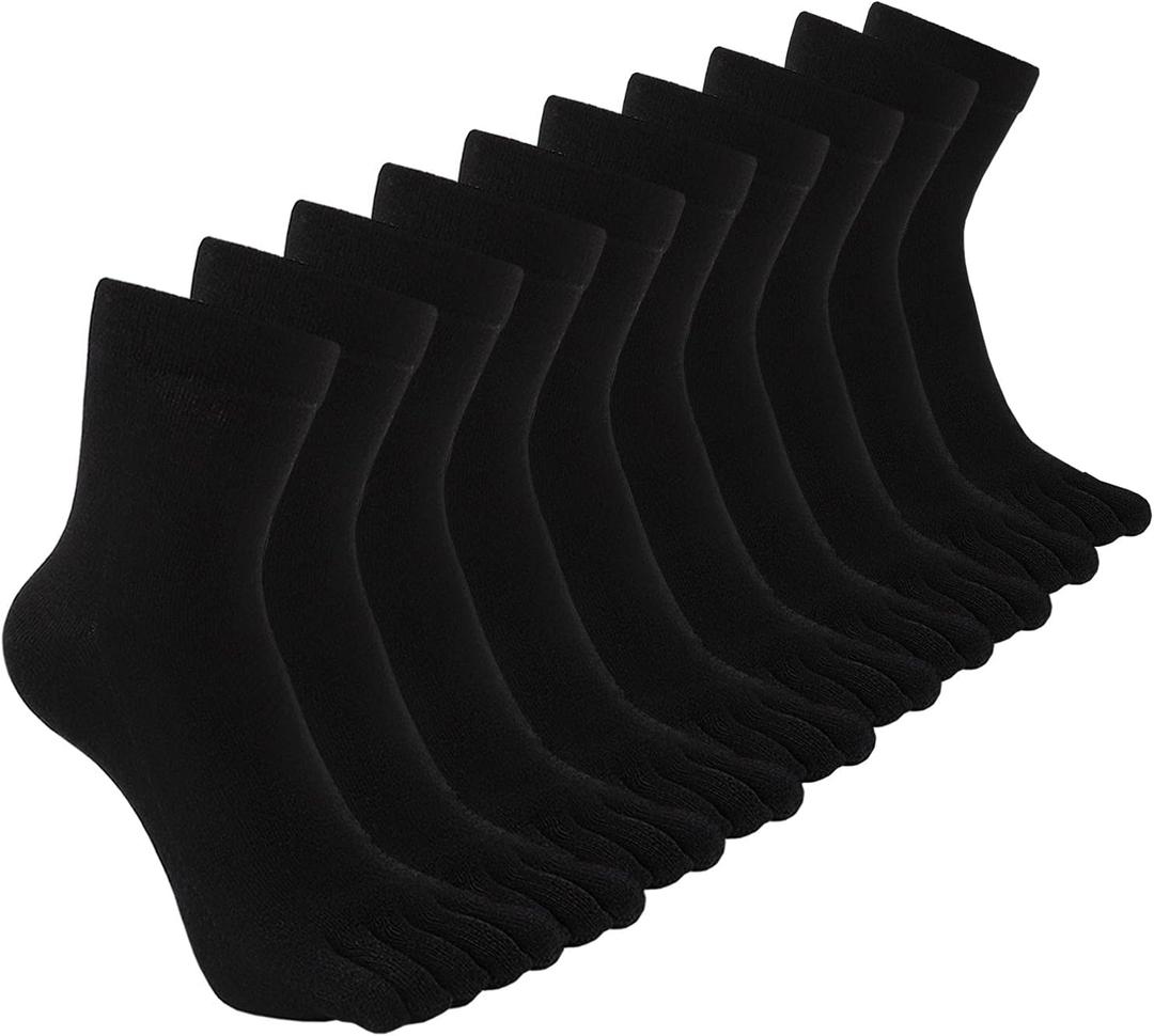 CaiDieNu Mens Toe Socks Cotton Athletic Running Five Finger Crew Socks, 5 Pairs (9-12)
