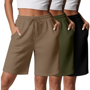3 Pcs Women Quick Dry Shorts High Waisted Bermuda Shorts for Yoga Athletic Drawstring with Pocket (XX-Large, Black, Army Green, Coffee)