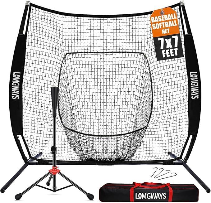 LOMGWAYS 
7'x7' Portable Baseball Net Set - Batting, Hitting & Pitching Practice Net with Baseball Tee, Carrying Bag, for All Skills