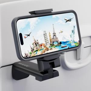 MiiKARE Airplane Travel Essentials Phone Holder, Universal Handsfree Phone Mount for Flying with 360 Degree Rotation, Accessory for Airplane, Travel Must Haves Phone Stand for Desk, Tray Table (Black)