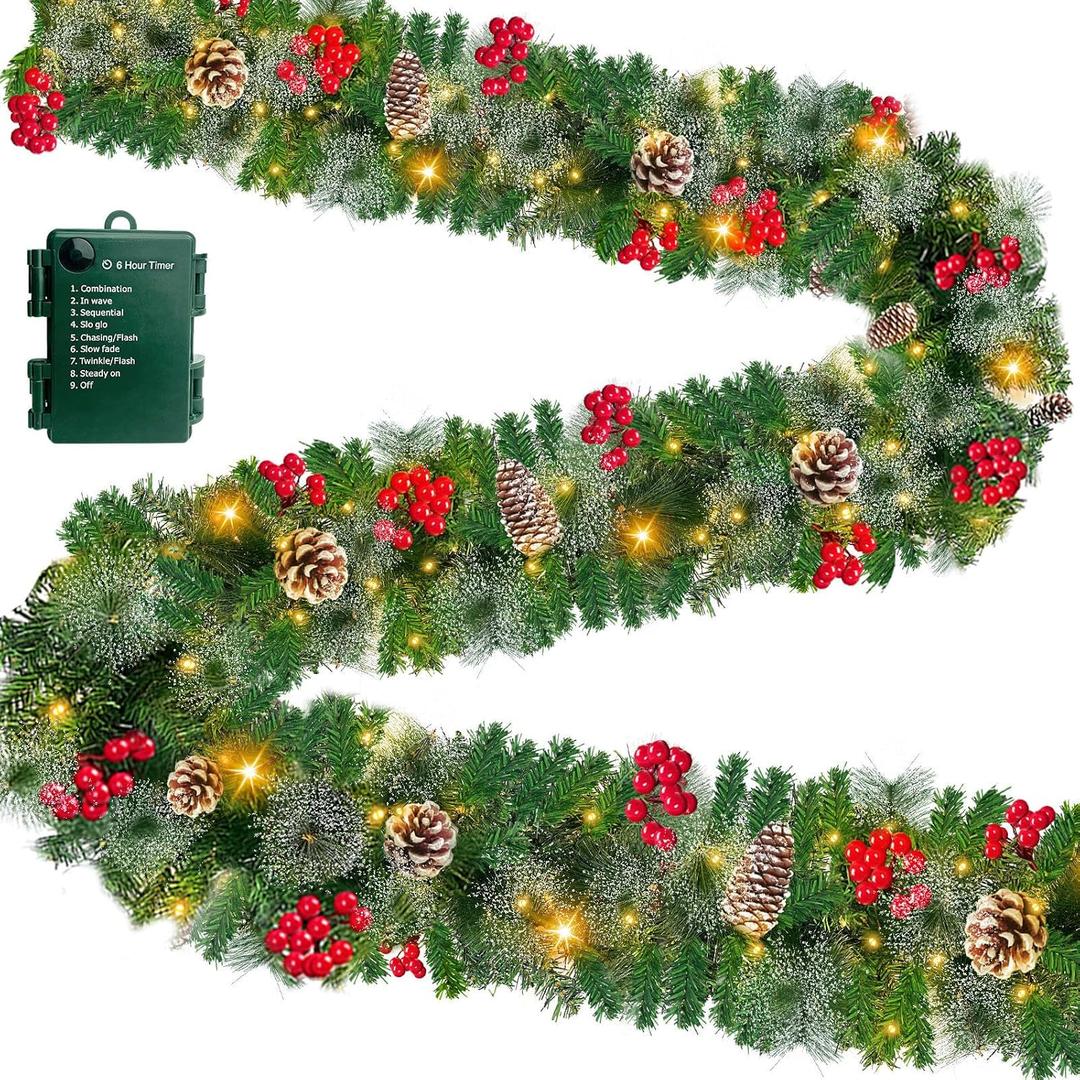 Timer & 8 Modes 9 Ft Prelit Christmas Garland 50 LED Warm White Lights Cedar Valentines Garland Battery Operated 270 Thick Branch Bristle Pine 70 Red Berries 10 Pinecones Mantle Home Decor Outdoor