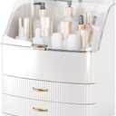 Plukers Makeup Organizer Countertop Vanity with Transparent Lid Drawers Waterproof Dustproof Cosmetic Skincare Bathroom Storage Gift for Women Teens Girls (White)