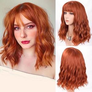 Auburn Bob Wig with Bangs Short Wavy Copper Red Wigs for Women Shoulder Length Burnt Orange Curly Bob Wigs Heat Resistant Synthetic Wigs for Halloween Cosplay Daily Party Use 14 Inch