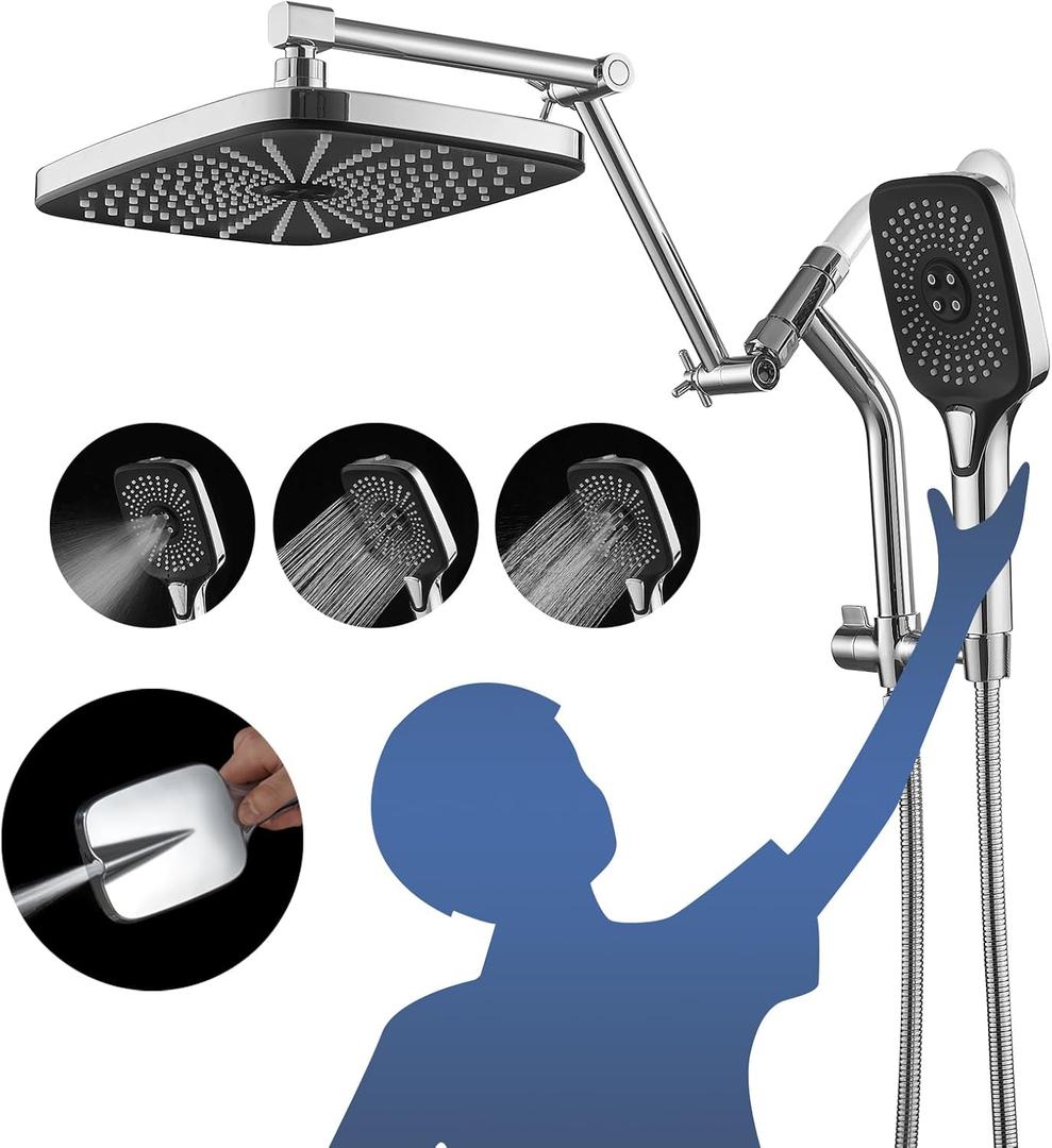12" High Pressure Rain/Rainfall Shower Heads With Handheld Spray Combo (3+1 Settings & Built-in Power Wash Mode), Double/Dual Shower Head With Handheld - Height/Angle Adjustable (Polished Chrome)
