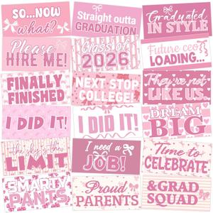 24 Designs Pink Bow Graduation Photo Booth Props Class of 2026 Coquette Double Sided 11x5.51'' Pink and White Graduation Decor Picture Props for Photoshoot Supplies Selfie Sign for Grad Prom Party