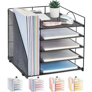 LEKETREE Desk Organizers and Accessories, 5-Tier Paper Letter Tray Organizer with File Holder, Desktop Organizer for Office Supplies (Black)