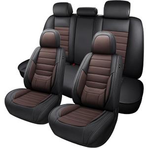 MINGBRON Car Seat Covers Full Set, Brown Car Seat Cover Lumbar Support, Car Seat Protector Waterproof, Nappa Leather Car Seat Cushion, Front Seats and Back Fit for Most Cars