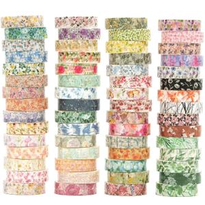 Flowers Washi Tape Set 60 Rolls Floral Patterns Decorative Skinny Blooms Masking Tapes for Arts, DIY Crafts, Journals, Planners, Scrapbook, Wrapping (Spring)