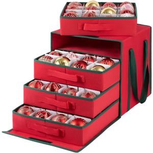 OIAHOMY Christmas Ornament Storage Box with Adjustable Dividers, Christmas Storage Container with Side Open Stores up to 64-3'' Ornaments, 4 Removable Drawer Style Trays - Red