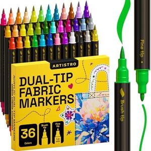 ARTISTRO 36 Dual-Tip Fabric Markers - Fabric Decorating Kit - Permanent for Clothes - No Bleed Pens for T-Shirts, Bags, Textile, Canvas, and More (Brush Tip and Fine Tip)