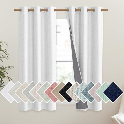 NICETOWN 100% Absolutely Blackout Linen Curtains with Thermal Insulated Liner, Greyish White, 42" Wide, 54" Length Energy Saving Curtains for Dining Room 2 Panels Set, Vertical Blinds