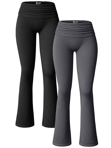 OQQ Women's 1 Piece Flared Pants Ribbed Fold Over Kick Ruched Stretch High Waist Casual Darkgrey Size M