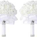 Foraineam 2 Pack Wedding Bouquet Bridal Bridesmaid Holding Flowers Foam Roses Artificial Fake Flower Hand Bouquets with Crystals Soft Ribbons